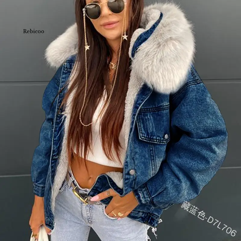 Streetwear Removable Fur Collar Thick Short Denim Coat Women Winter Warm Big Pocket Jean Jacket Loose Single Breasted Tops Coat