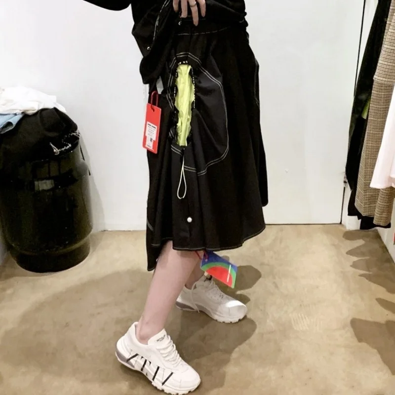 Spring 2022 Summer Mixed Color Asymmetrical Skirts Women Street Black Casual A-Line Skirts Elastic High Waist Pleated Skirts