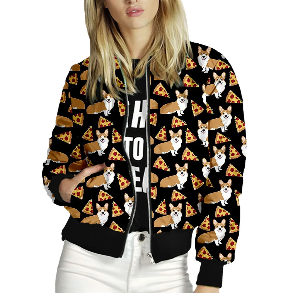 2021 Spring Autumn Dog Print Jackets Women Casual Zipper Bomber Jacket Long Sleeve Coat Female Fashion Classic Slim Outerwears