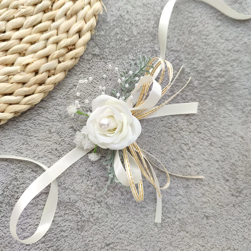 Boutonniere-pulsera de ramillete de boda, accesorios de dama de honor, perlas falsas, flores de seda, rosas, ramillete de matrimonio, traje, decoración de ojales