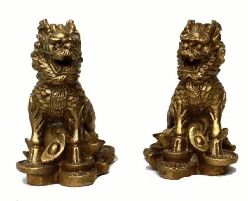 

China Chinese Fengshui Brass animal Door Kylin Chi-lin Qilin wealth Statue Pair