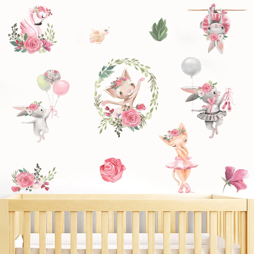 2024 Flower Stickers Cute Grey Bunny Ballet Rabbit Wall Stickers for Kid Room Nursery Wall Decal Girl Room Home Decor