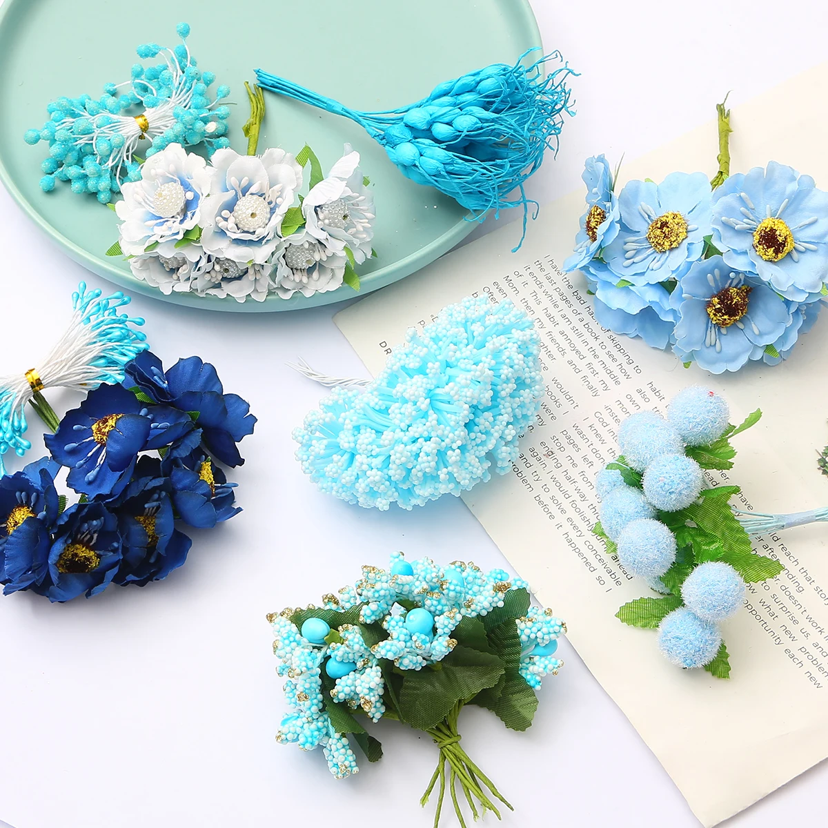 2020 Artificial Blue Flower Bouquet Cherry Branch Stamen Berries Bundle DIY Christmas Wedding Cake Gift Box Wreaths Party Decor