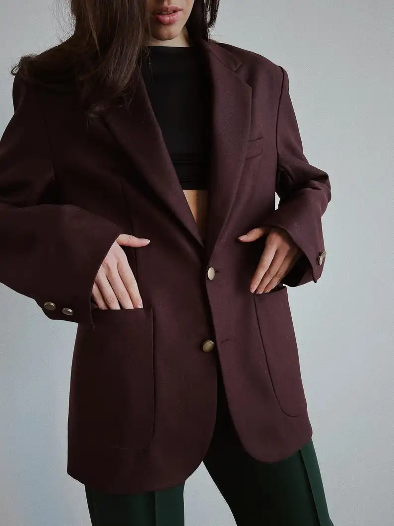 Vintage Burgundy kobiety marynarka elegancka moda dwa guziki proste klapy kurtka 1 sztuka Casual codzienny płaszcz na zamówienie