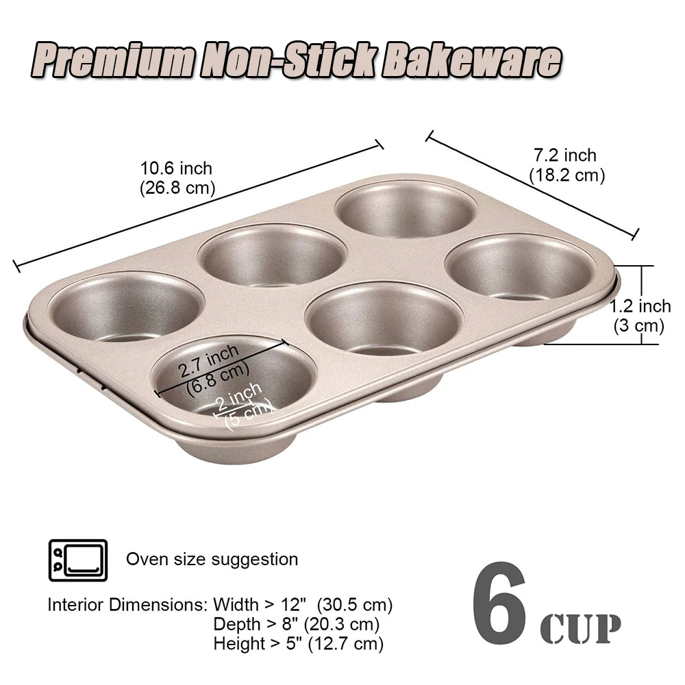 6 Cups Cupcake Pan Muffin Tray Non-Stick Carbon Steel Muffin Baking Pan Egg Tart Baking Tray Dish Round Biscuit Cake Mould Pan