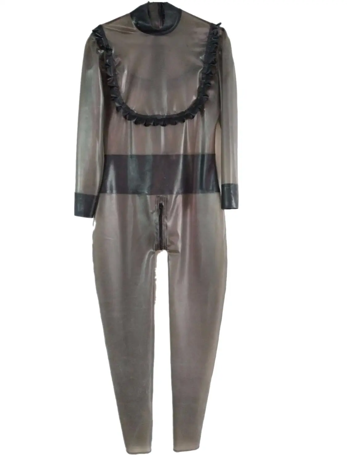 With front ruffles decorations black long sleeve latex Zentai  attached back zipper to crotch design