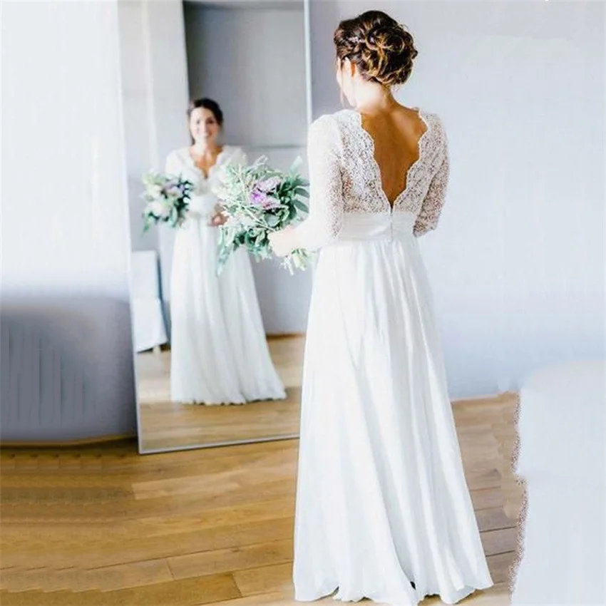 Chiffon Boho Wedding Dress 2022 Deep Lace Top V-neck 3/4 Sleeves Backless Beach Women Bridal Gowns Vestidos de novia