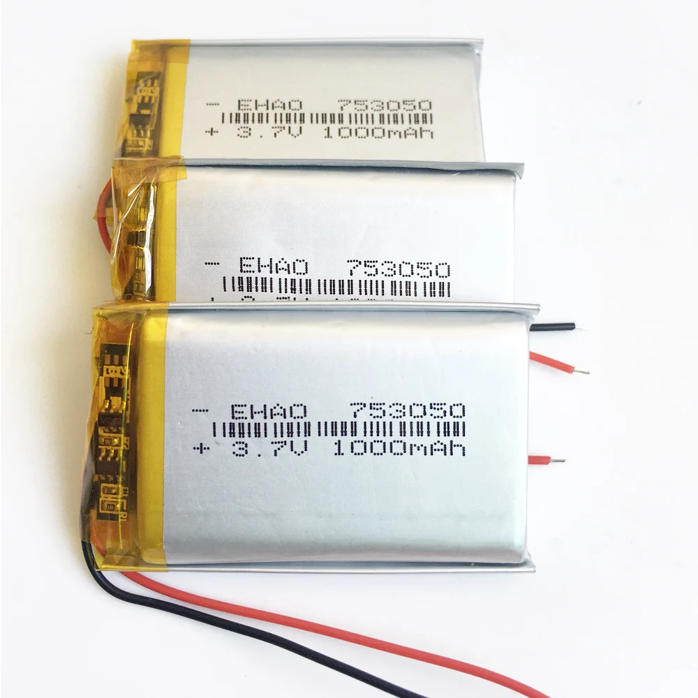 3 pcs 753050 3.7V 1000mAh lipo polymer lithium rechargeable battery for GPS DVD PDA bluetooth recorder e-book camera PAD Speaker