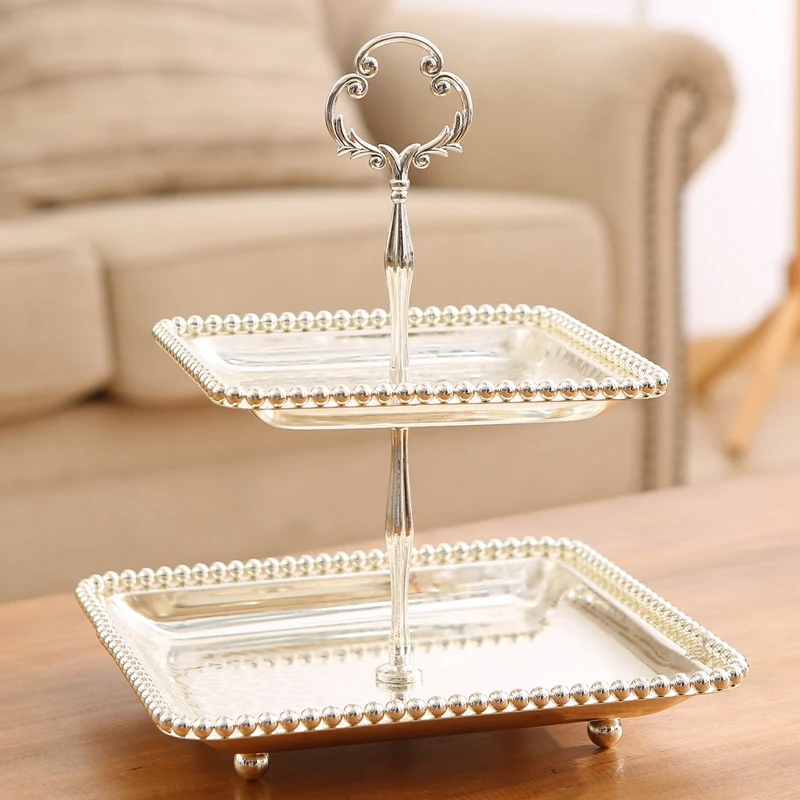 Gold Plating Round Alloy Two-tier Cake Fruit Tray European Home Wedding DIY Party Tabletop Decor Silver Square Metal Candy Dish 5