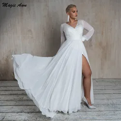 Magia awn branco plus size chiffon vestidos de casamento praia mangas completas lado dividir simples boho mariage vestidos novia