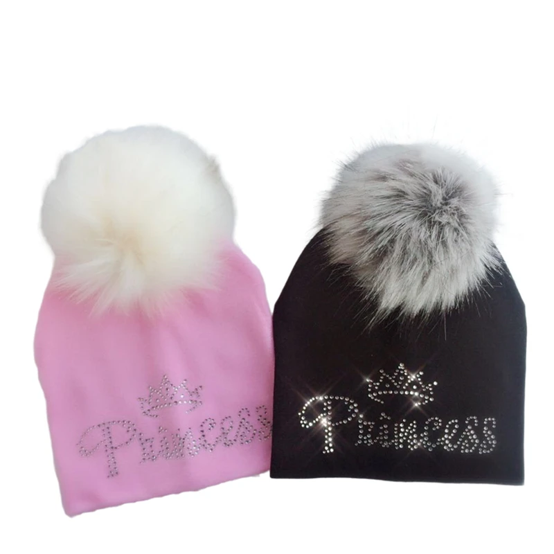 infant princess crown diamond embroidery flowers baby cotton  raccoon Faux Fur pompom diamond hat cap beanie for girl and boy