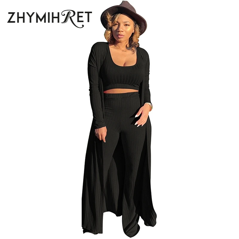 ZHYMIHRET 22023 Autumn Winter Ribbed 3 Pieces Set Women Crop Top High Waist Wide Leg Pants Set Long Sleeve Trench Coat