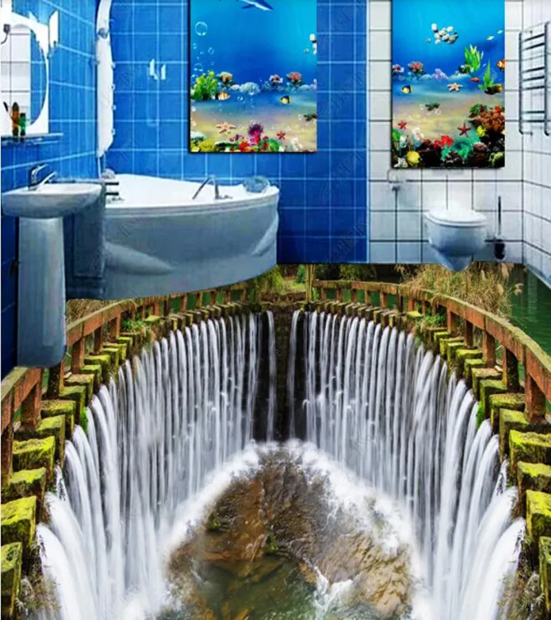 PVC waterfall and flowing water natural landscape non-slip waterproof self-adhesive 3D floor sticker tiles bathroom 3D wallpaper