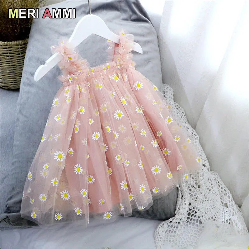 MERI AMMI For 1-13 Y Daisy Flower Girls Birthday Dress Kid Children Clothing Sleeveless Floral Party  Christmas Knee Length Mesh