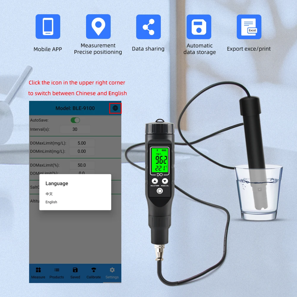 Professional Dissolved Oxygen Meter 0.0-30.0 mg/L Digital Blue Tooth-compatible Online Water Quality Detector Temperature Tester