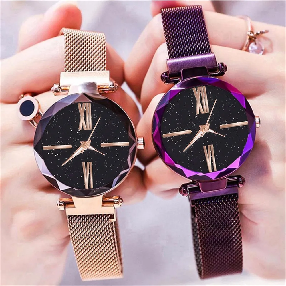 Relojes de moda para mujer, relojes de cielo estrellado, pulsera de malla magnética de cuarzo, femenino