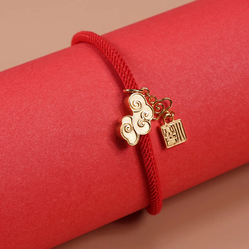 Chinese Style 22cm Red Chain With Lucky Wish Stamped Bracelet Personalized 999 Silver Gilded Valentine's Birthday Wedding Gifts