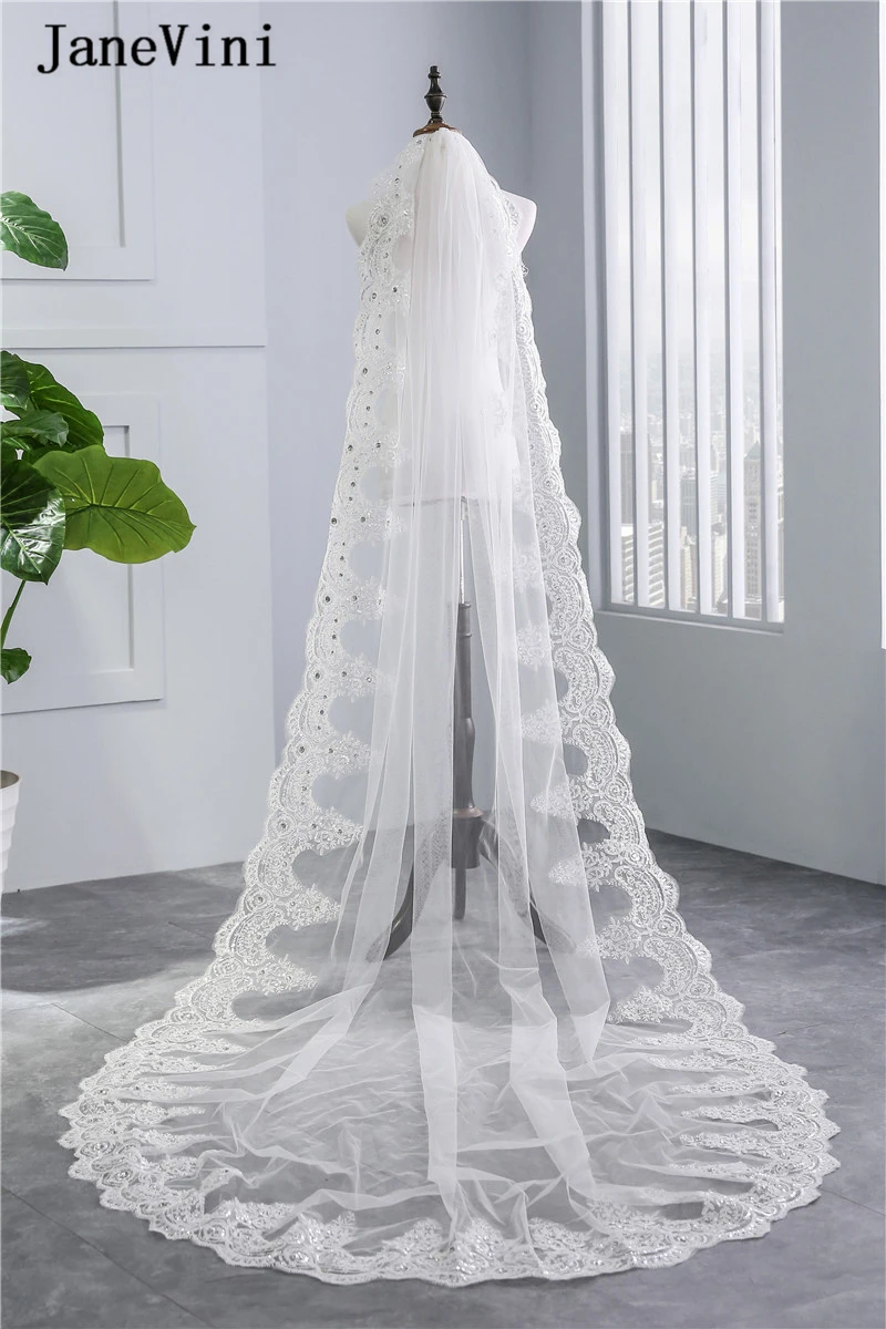 Janevini véu de casamento com pente, elegante tulle marfim com borda lantejoulas apliques de camada única acessórios de casamento