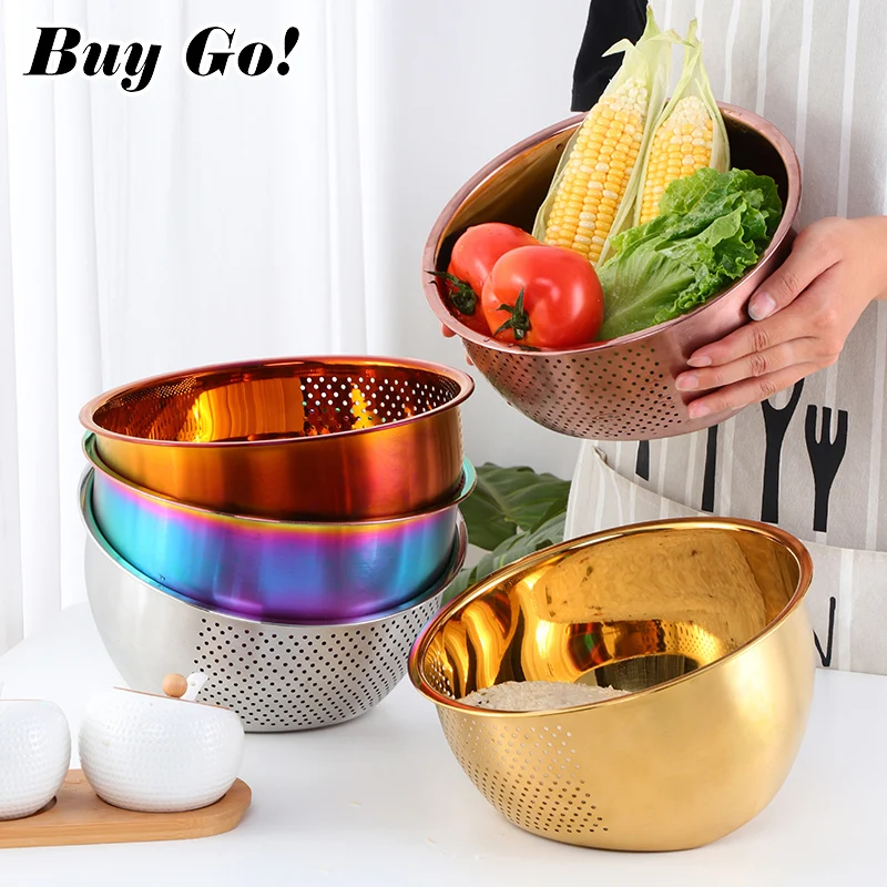 

1PC Stainless Steel Rice Washer Drain Basket Kitchen Vegetables Fruit Storage Basin Household Thickened Round Drain Kitchen Tool