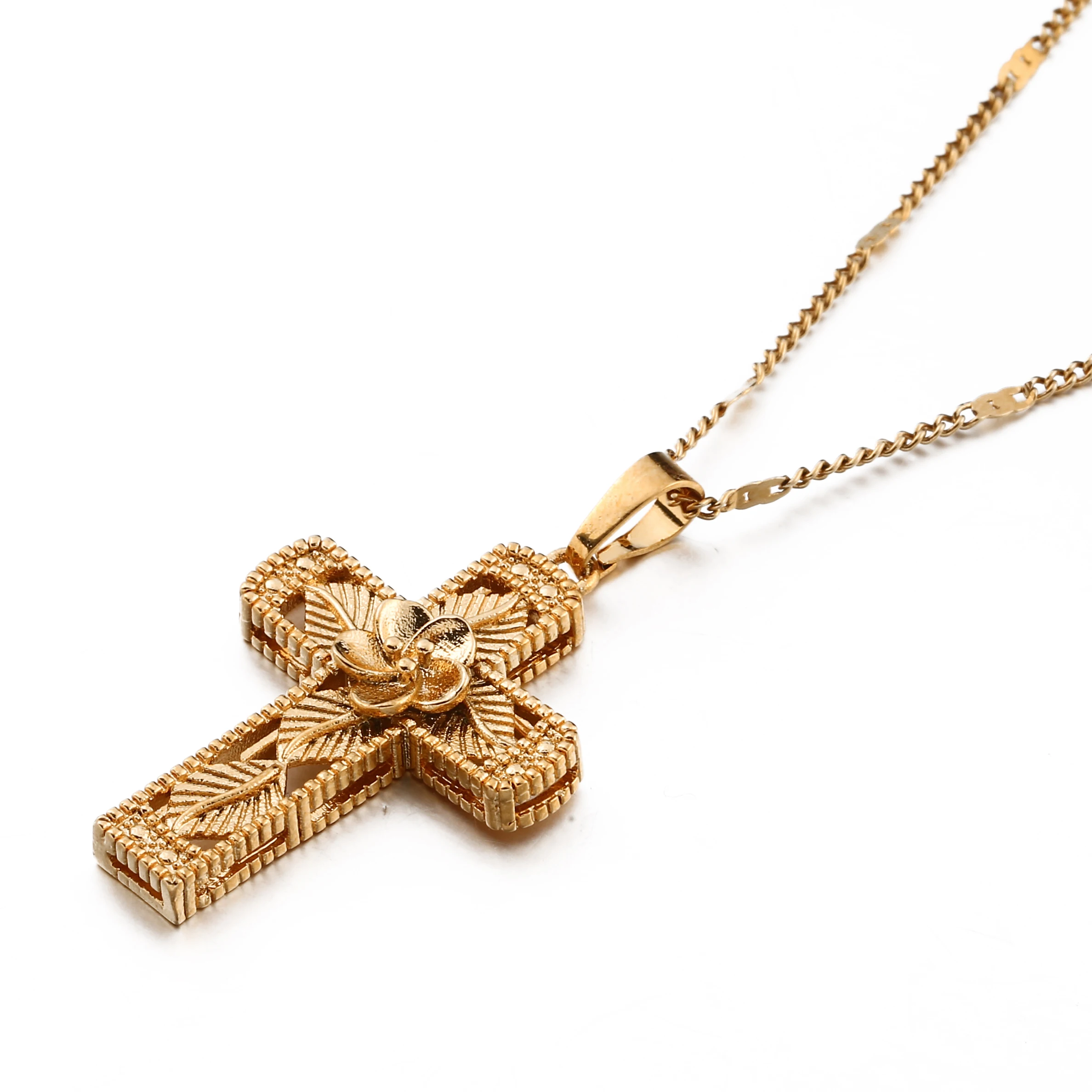 Gold Color Orthodox Christianity Church Eternal Flower Leaf Cross Pendant Necklace Russia Greece Jewelry