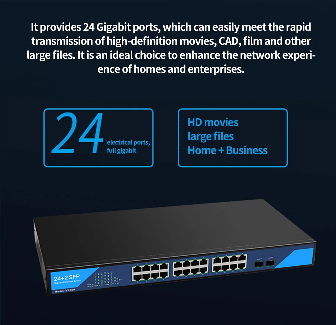 DIEWU 24xRJ45+2xSFP Port Gigabit Switch 10/100/1000Mbps Unmanaged Rack-mounted Network Monitoring Splitter Built-in Power Supply