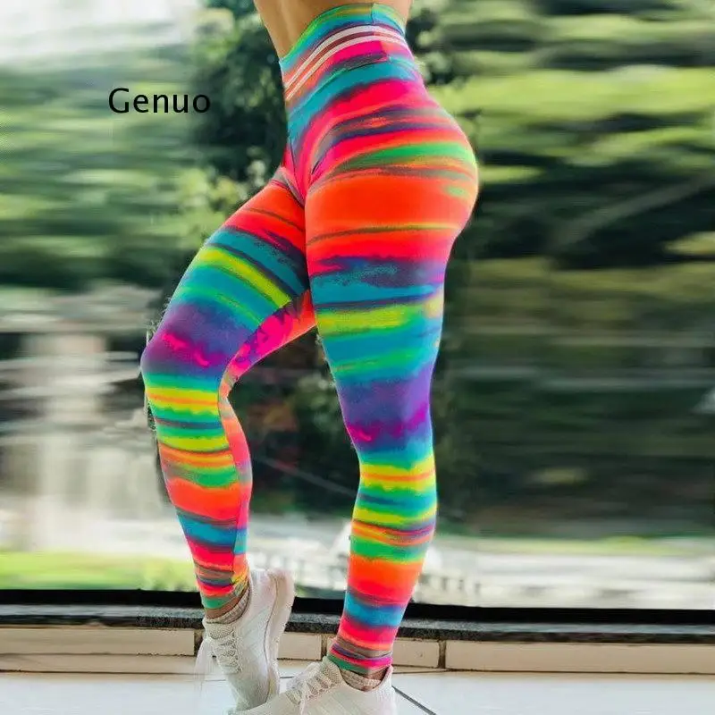 Stretchy Jogging Tights Energy Rainbow Print Seamless Leggings Tummy Control Jogger Pants High Waist Sport Running Pants Women