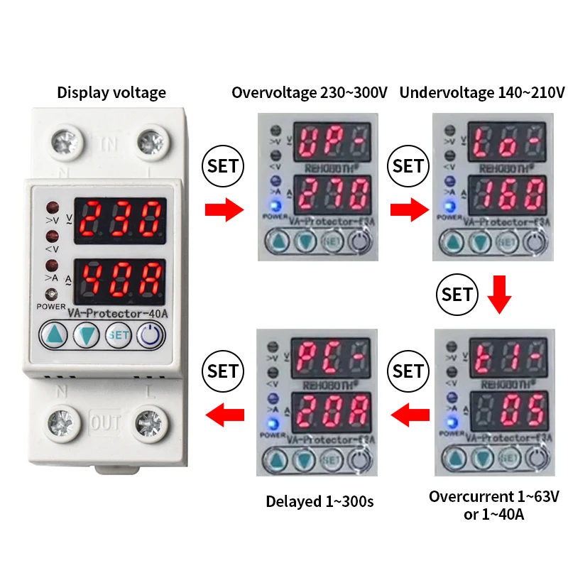 Home Usage Dual LED Display 40A 63A Din Rail 230V Adjustable Voltage Surge Protector Relay with Limit Current Protection
