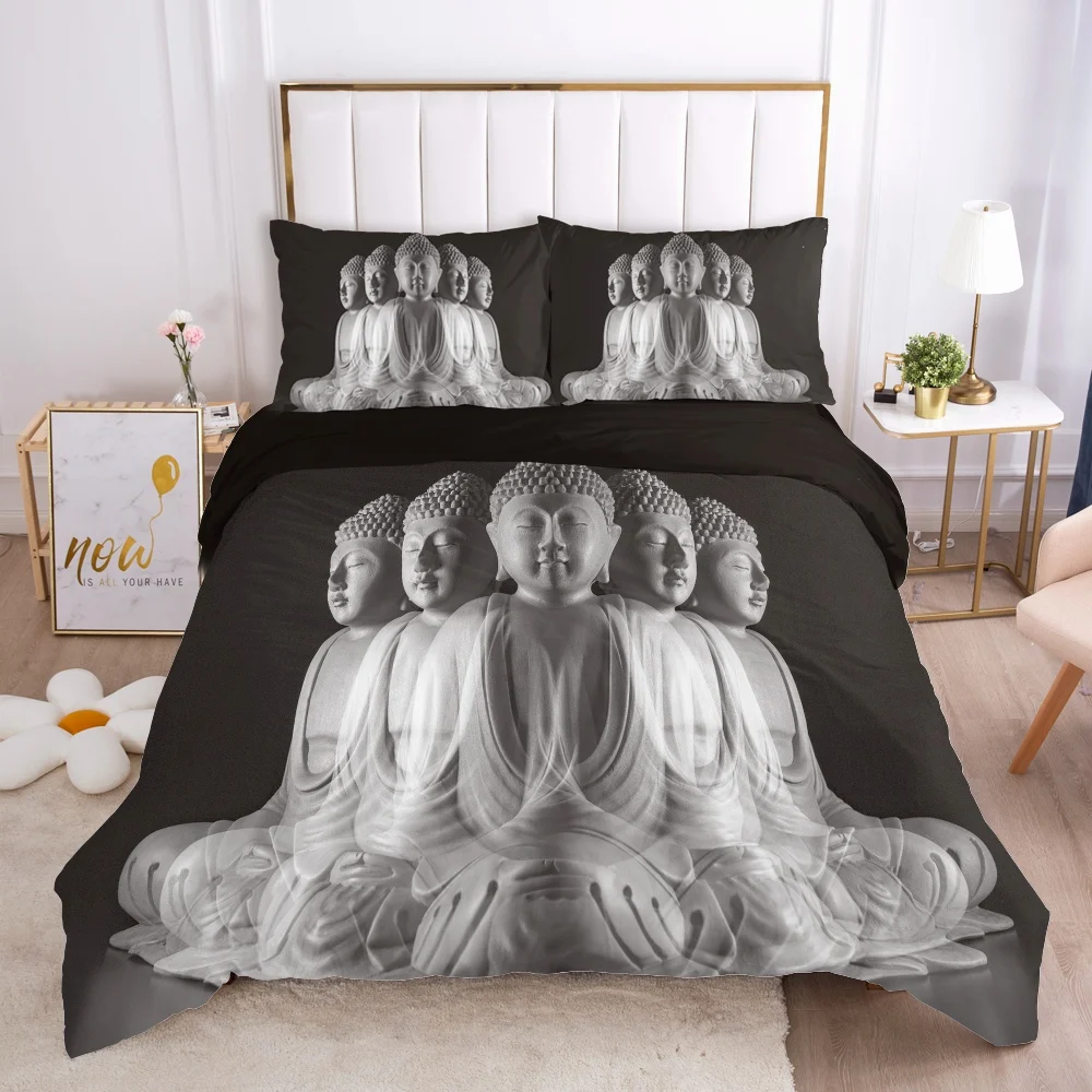 Conjunto de cama preto com corpo de Buda para rainha, rei, completo, duplo, capa de edredão, fronha, roupa de cama, 240x220