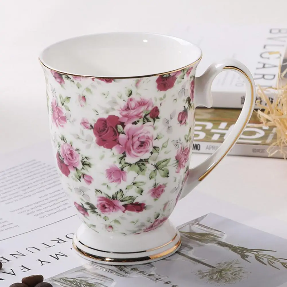 2023 Vintage Bone Ceramic Mugs Flower Print Milk Breakfast Coffee Mug Tea Cup with Handle Home Office Travel Cups Exquisite Gift