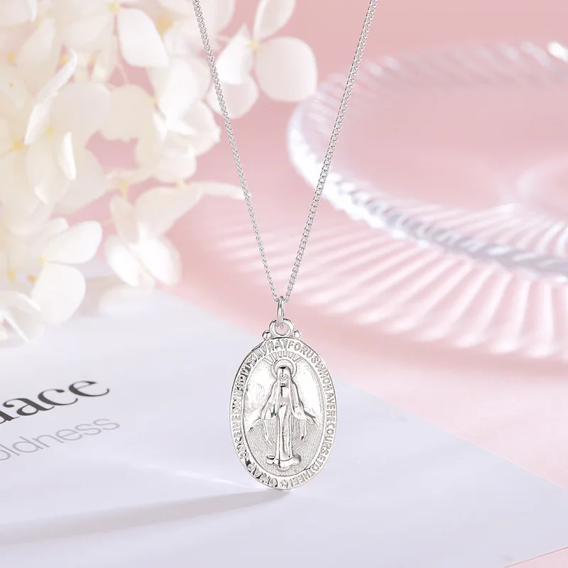 LADYCHIC Our Lady Of Grace Miraculous Medal Mary 925 Sterling Silver Pendant Christian Jesus Catholic Religious Necklace Jewelry