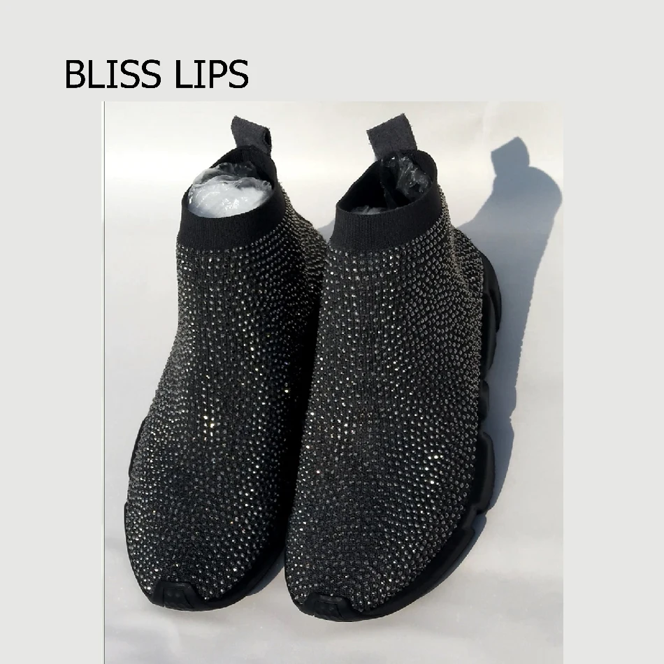 Elastic Stockings Sports Men And Women Model Black Short Neck Flat Bottom Handmade Rhinestone Sports shoes Knit Socks Size 34-45