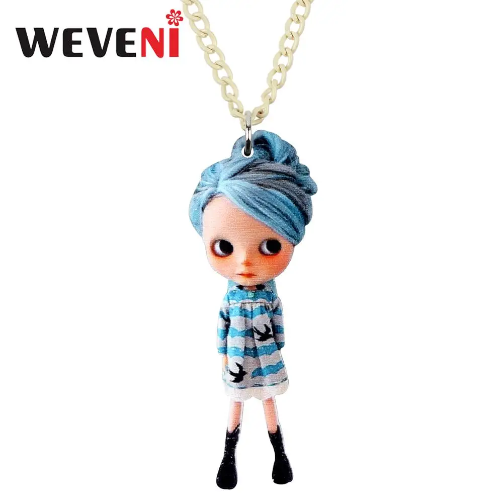 WEVENI Acrylic Blue Hair Dress Girl Doll Necklace Pendant Chain Choker Sweet Party Jewelry For Women Girls Gifts 2019 New Design