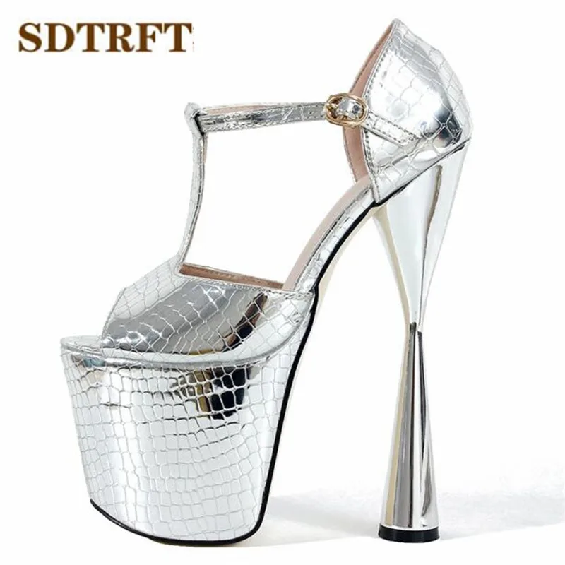 SDTRFT Stiletto Ladies Nightclubs Dance Sandals Platform shoes woman 20cm Thick Heeled Crossdresser T-Strap Gold Sliver Pumps