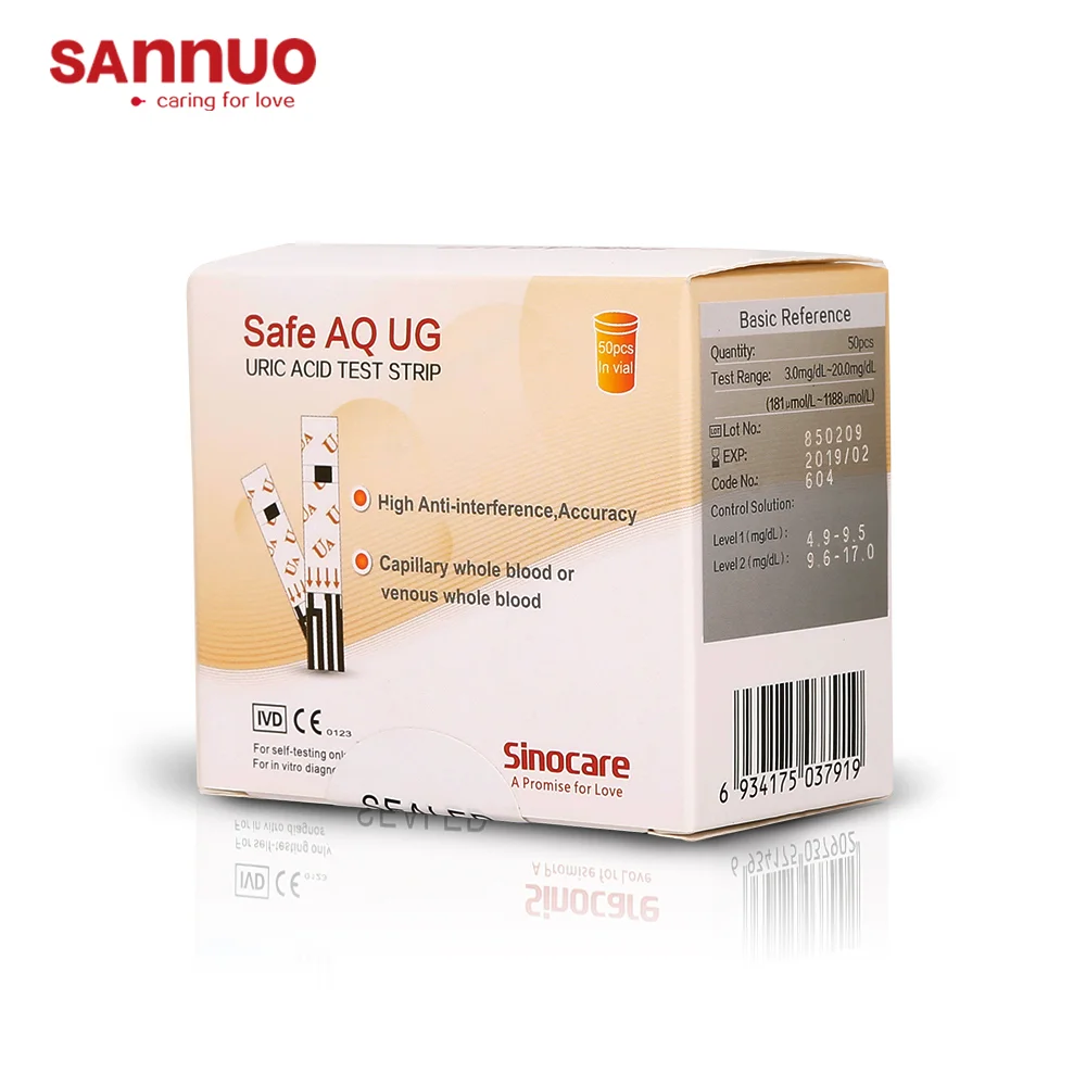 Sinocare Uric Acid Test Strips or Blood Glucose Strips for Safe AQ UG only 100PCS with free lancets for Diabetes