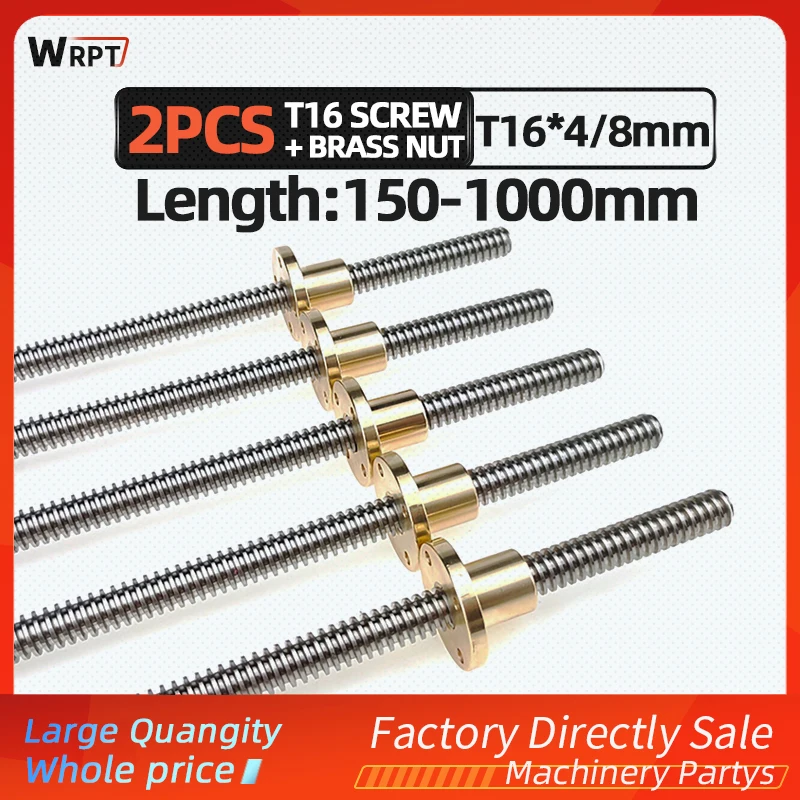 

CNC 3D Printer 2PCS T16 Trapezoidal Rod Lead Screw Thread 16mm Lead 4/8mm With Brass Nut, L = 150MM-1000MM