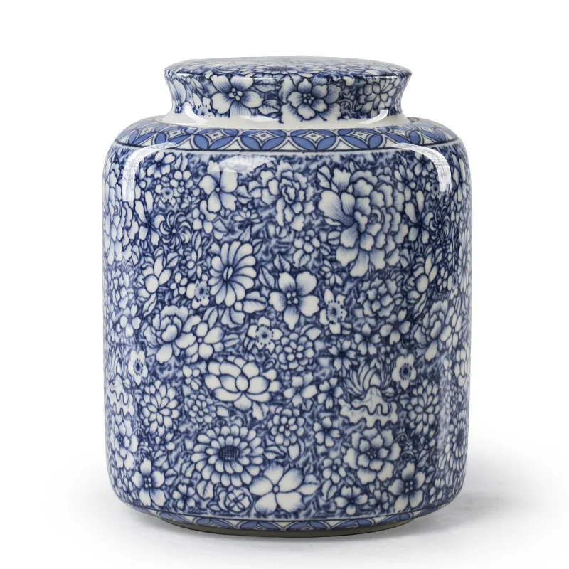 Flowered Ceramic Storage Jar Blue and White Porcelain Airtight Jar Household Large-capacity Moisture-proof Tea Caddy Candy Box