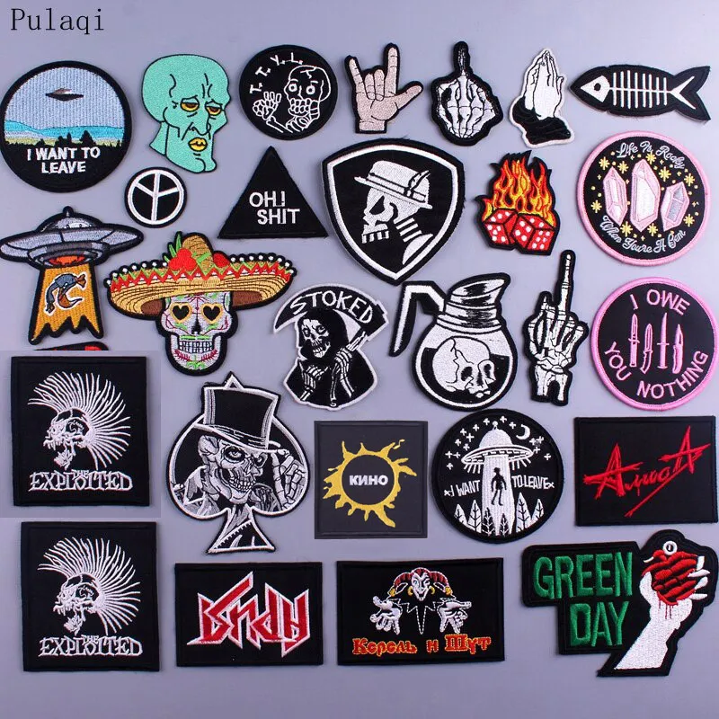 Pulaqi Hippie Rock Patches Music Band Patch Embroidered Iron On Patches For Clothes Stripes Patch Slogan Badge Sticker Applique