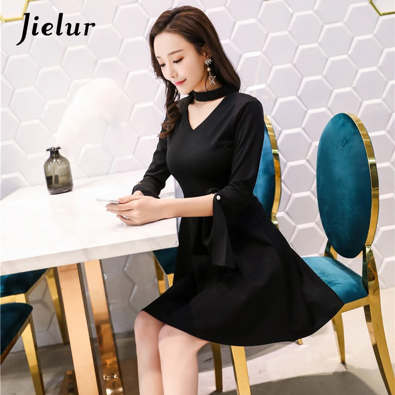 

Jielur V-neck Dresses Pure Color Flare Sleeve Black Women's Hipster Hollow Out Vestidos A-line Sexy Split Dress S-XL autumn