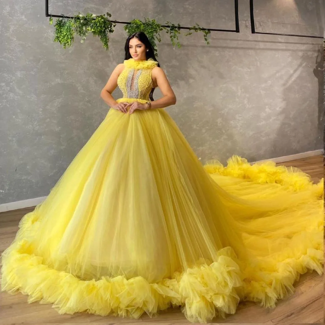 Vestido de novia amarillo brillante con cola larga, vestido de novia con cuentas de cristales de cuello alto, volantes, vestido de bola, vestido de noche, vestido de novia de lujo