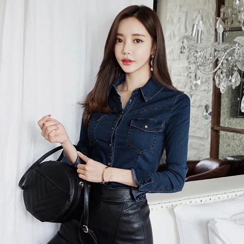 

2020 autumn new denim shirt women cardigan wild temperament goddess commuter slim slim denim shirt