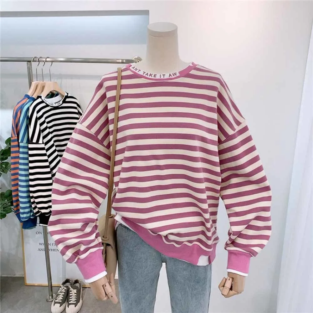 

2022 Casual Spring Autumn Striped Sweatshirt Hoodie Women Classic Cotton Base Pullover Coat Femme Ripped Street