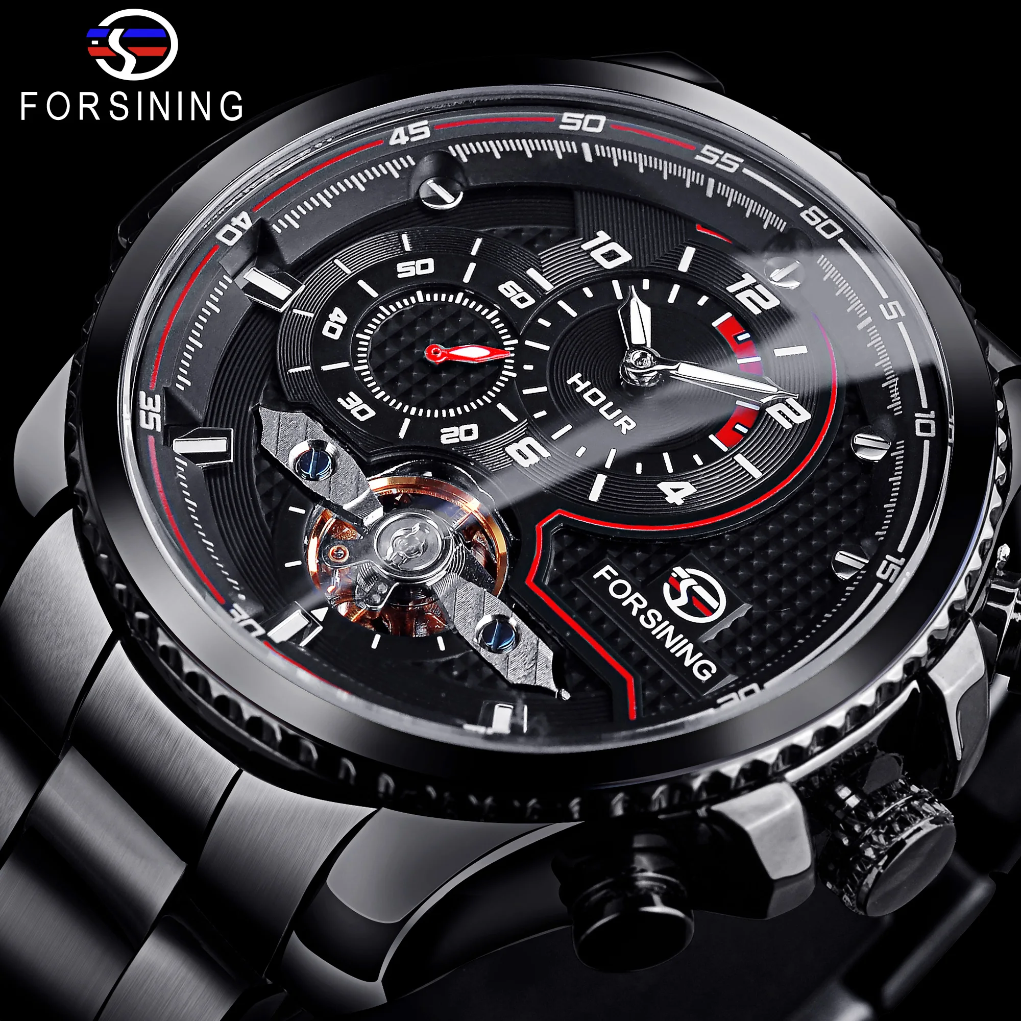 

Forsining 3bar Automatic Wristwatch Military Watch Mens Tourbillon Mechanical Watches Black Stainless Steel Luxury Montre Homme