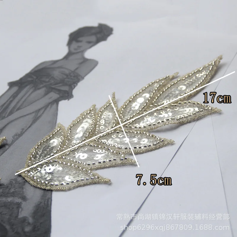 2 pezzi champagne filo bianco chiaro paillettes pizzo Applique maglia filato pizzo fiore ricamo Applique colore argento 17.5X7.5cm