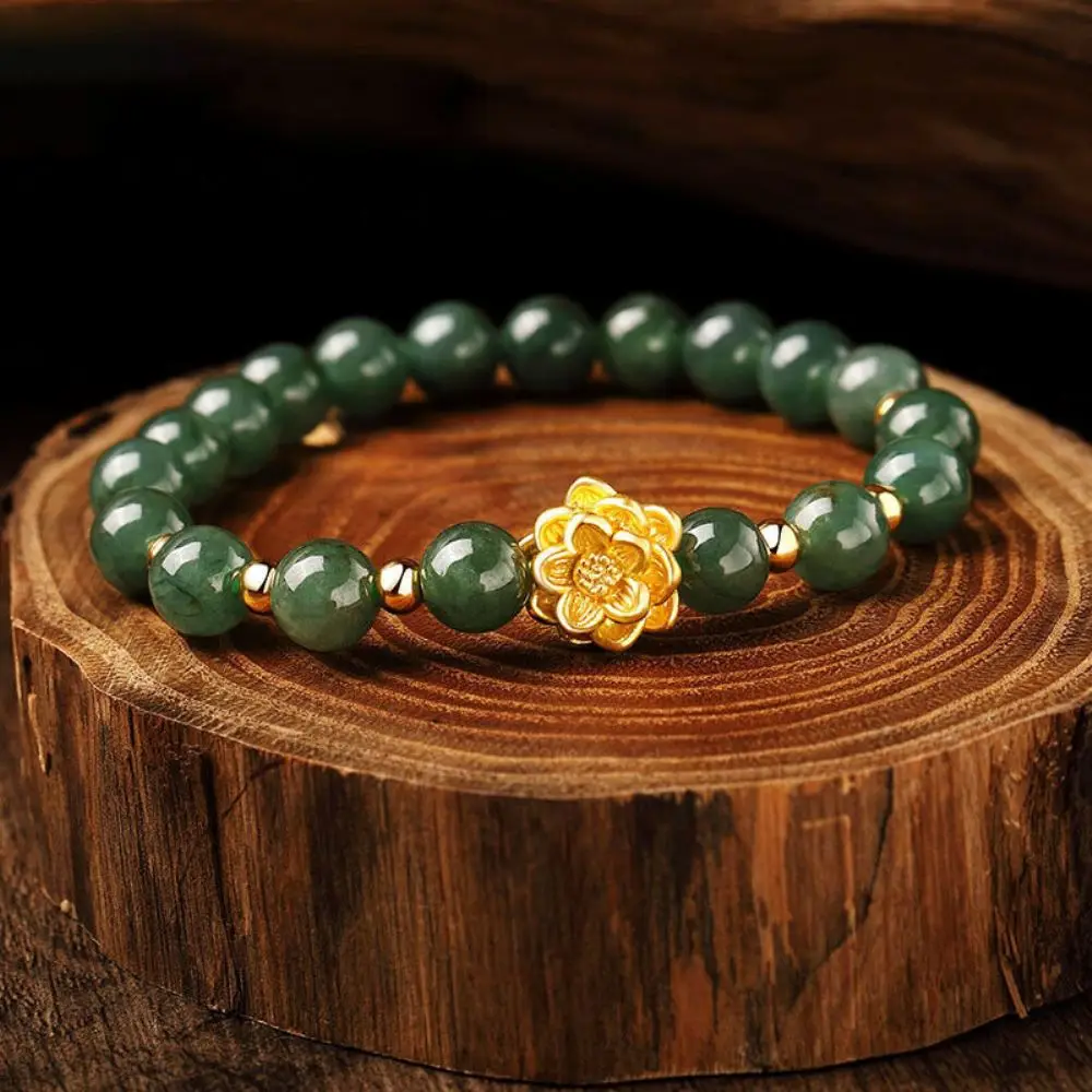 

Genuine 24K Yellow Gold Lotus Flower with Natural Grade A Jadeite Beads Bracelet Length from 5" to 15" For Lady