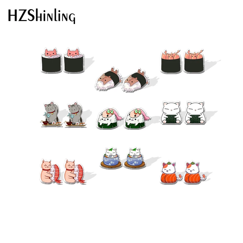 2021 New Cat Sushi Stud Earring Cute Food Acrylic Resin Earrings Epoxy Handmade Jewelry Gifts Girl