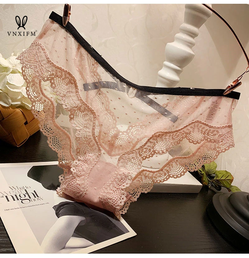 Sexy lace trim panties women see-through mesh low-waist seamless ultra-thin hollow panties 100% cotton antibacterial bottom pant