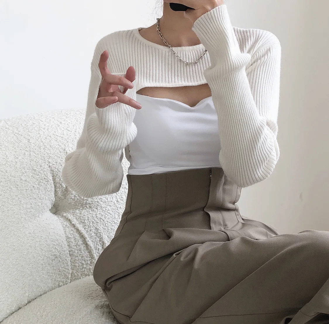 Asymmetrical Knit Cropped Tops Pullover Bolero Shrugs Women Cut Out One Piece Sleeve Tops