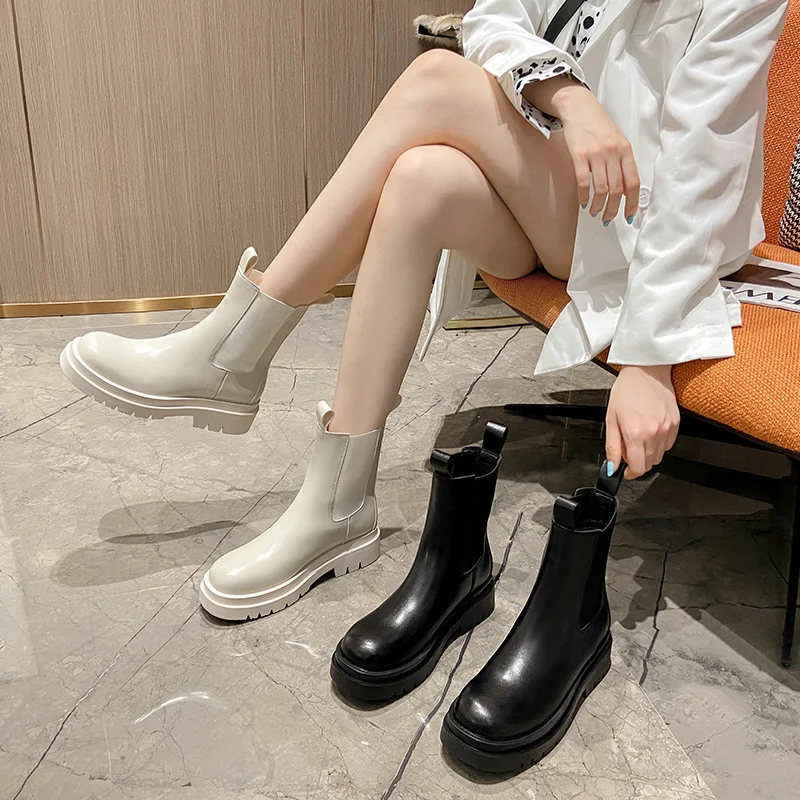 British design women boots fashion party nightclub dresses genuine leather shoes black white platform boot ladies chelsea botas