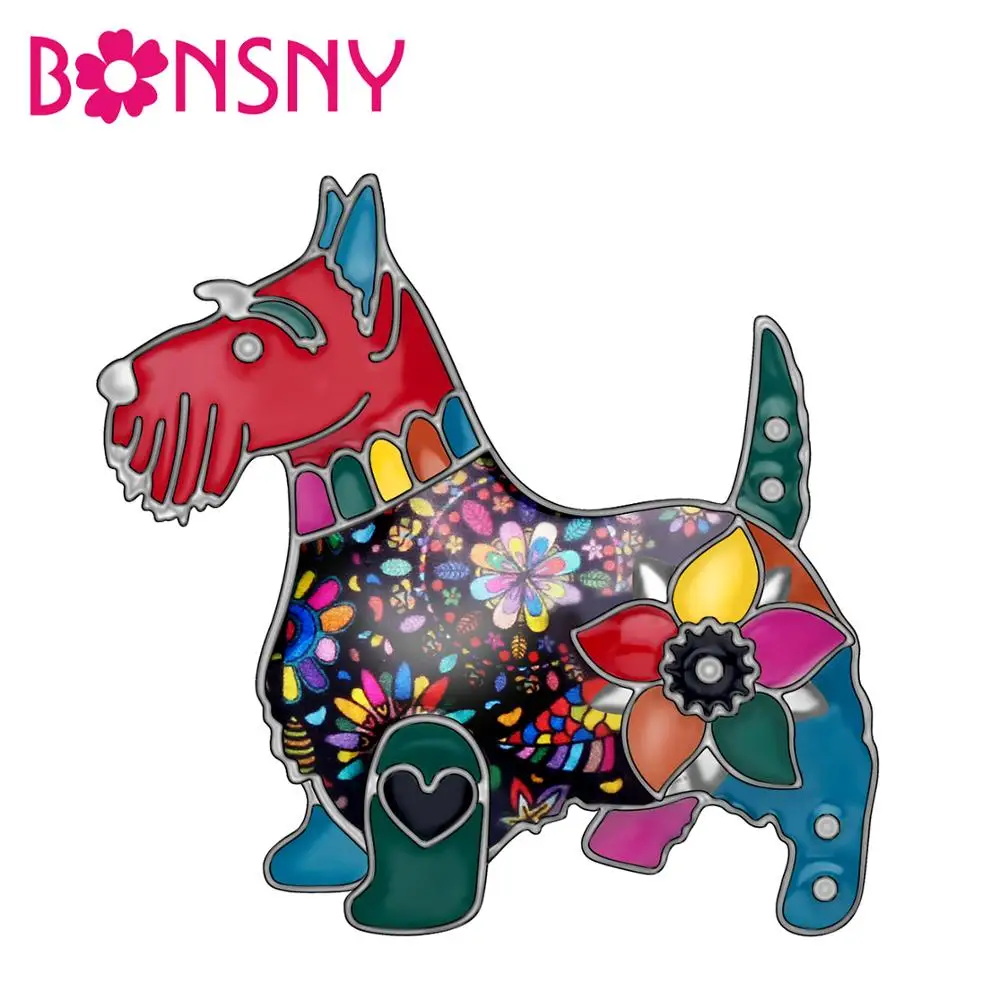 Bonsny  Enamel Alloy Floral Scottish Dog Brooches Pin Clothes Scarf Animal Pet  Jewelry For Women Girl Teen New Decorations Gift