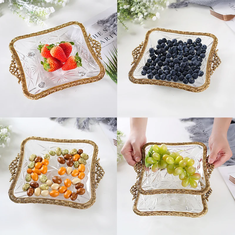 Fruit tray Jewelry storage tray Home Decoration Desktop ornaments Brass handcrafts European retro style Crystal glass bowl